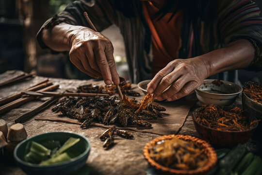 Crop Anonymous Person Preparing And Eating Food With Different Insects And Bugs On Rustic Wooden Table With Others Ingredients, Generative Ai Image