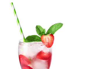Glass of infused water with strawberry and mint on white background
