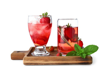 Glass of infused water with strawberry and mint on white background
