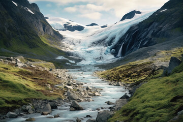 a hill and off a waterfall in summer with snow on the ground. AI generative