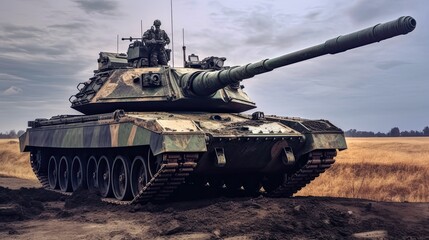 Tank on the beach. AI generated art illustration.