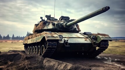 Tank on the beach. AI generated art illustration.