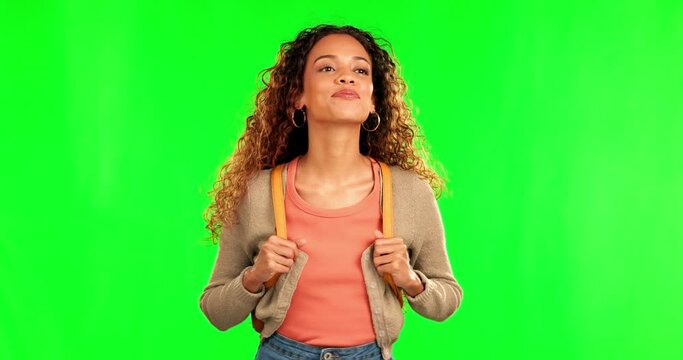 Green screen woman, happiness and smile on walk, morning commute or student travel, tour and enjoy view. Opportunity, sightseeing tourism journey and chroma key person walking on studio background