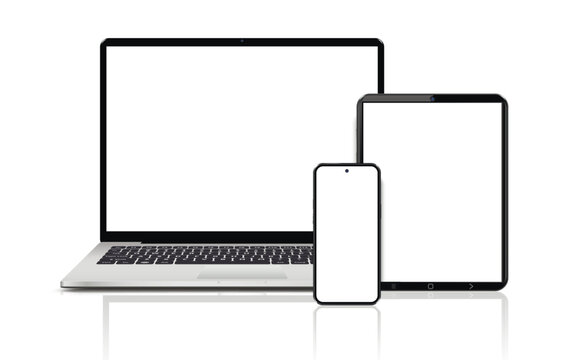 Laptop computer, tablet and mobile phone. Flat lay detailed and realistic devices mockup