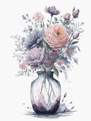 Flowers watercolor painting, glass jar with wildflowers and leaf