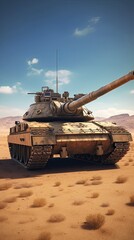 Tank on the beach. AI generated art illustration.