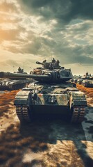 Tank on the beach. AI generated art illustration.