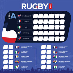 Schedule for all rugby matches of pool A, scoreboard of rugby competition 2023. Vector icon with Flags.