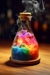 Photographic of a crystal potion containing a rainbow multicolored vibrant mystical liquid on a wooden table. AI generative