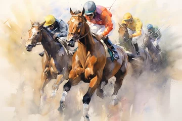 Fotobehang Horse racing colorful watercolor illustration, with sprinting horses and jockeys. Horse racing poster. © Topuria Design