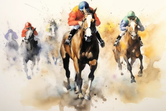 Horse racing colorful watercolor illustration, with sprinting horses and jockeys. Horse racing poster.