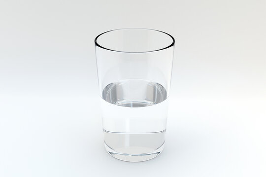 Half a glass of water on white background. Illustration of the concept of the perspectives of half full and half empty