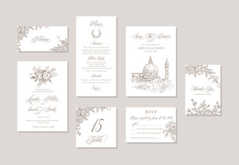 Wedding invitation vintage set Floral template card suite bridal shower bouquet thank you table card menu seating char escort