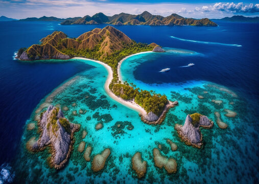 breathtaking beauty of the Banda Islands within the Moluccas archipelago in Indonesia. The scene unfolds with Pulau Gunung Api, a volcanic island, dominating the landscape. Generative AI.