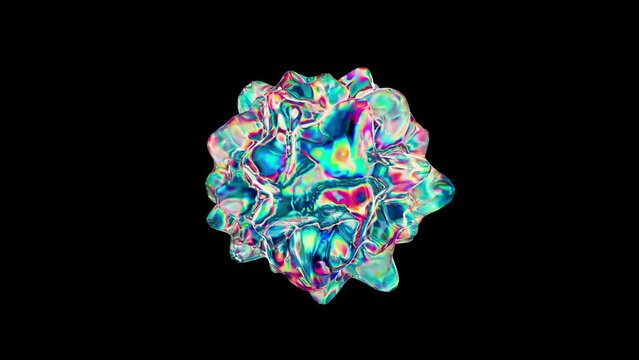 Fluid liquid glass blob, metaball morphing animation. Scattering, merging and flowing of glossy transparent liquid deforming organic molecules. Seamless loop.