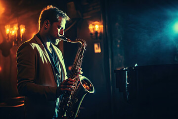 Fototapeta na wymiar Saxophonist's Serenade: A Captivating Close-Up. Generative AI