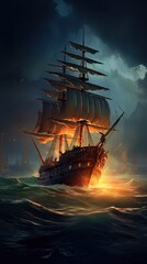 Fototapeta premium Ship at sunset. AI generated art illustration. 