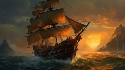 Obraz premium Ship at sunset. AI generated art illustration. 