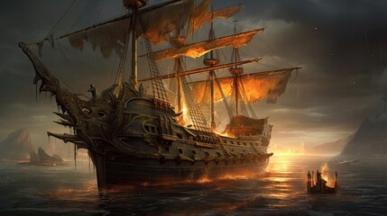 Ship at sunset. AI generated art illustration.
