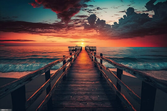 Witness the breathtaking, vibrant sunset hues from the shoreline, adorned with a rustic wooden pier. Generative AI.