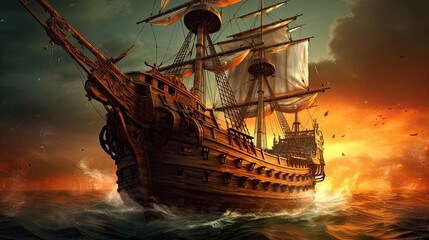 Ship in the sunset. AI generated art illustration.
