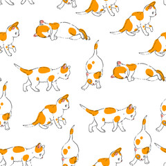 Vector hand-drawn seamless pattern with cute kittens isolated on a white background. Endless texture with small spotted cats in sketch style.