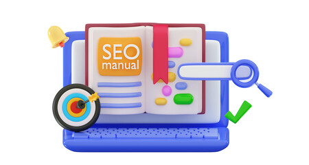3d Seo manual Search engine optimization Social marketing blogging design Promotion banner guide Technical SEO concept Audit Minimal 3D rendering illustration - obrazy, fototapety, plakaty