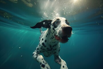 Underwater funny dog in swimming pool play with ball ,Generative ai	