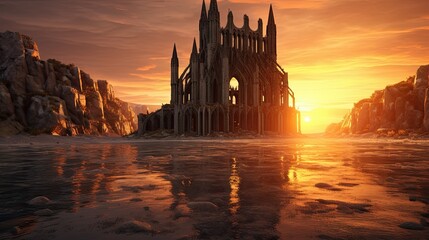 Naklejka premium Sunset over the river. AI generated art illustration.