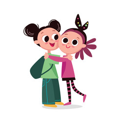 Best friends. Little girls hugging. Happy school kids.