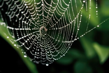 The detail of a dew - laden spider web in the early morning. Generative AI