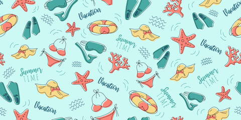 Tropical holiday vector seamless pattern with summer elements. Can be used for decoration of albums, blog, web sites, postcard, poster. Elements - leaves, tropical, lifebelt, bikini, hat, diving