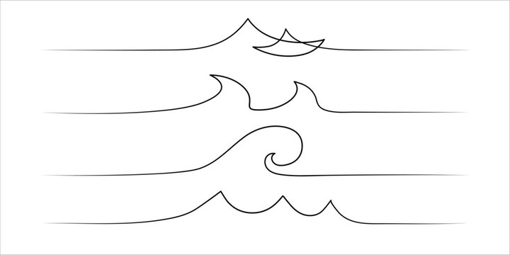 Handdrawn set of wave lines. Abstract wave drawn with a continuous black line. Vector illustration on white background. For design, social media, print, wallpaper, logo.