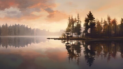 Fototapeta na wymiar Sunset over lake. AI generated art illustration. 