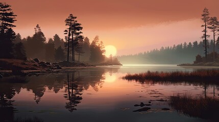 Fototapeta na wymiar Sunset over lake. AI generated art illustration. 