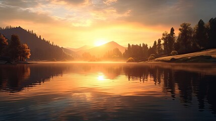 Fototapeta premium Sunset over lake. AI generated art illustration. 