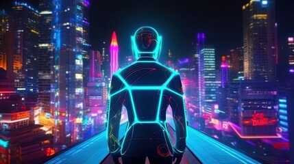 A businessman robot is seen from behind in a busy city with tall buildings, modern technology, and a successful economy. The focus on his back highlights the concept of advancement. AI-generated.