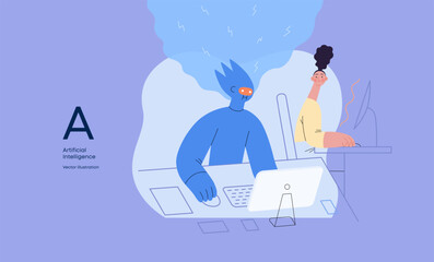 Artificial intelligence, office work -modern flat vector concept illustration of AI effectively working at the desk and surprised human. Metaphor of AI advantage, superiority and dominance concept
