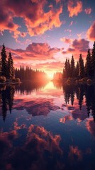 Sunset over lake. AI generated art illustration.
