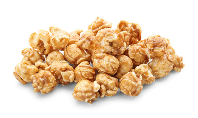 Heap of tasty caramel popcorn isolated on white background