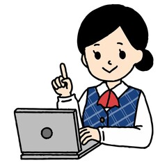パソコン作業をする事務の女性が指差し