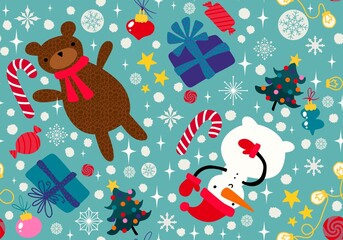 Christmas cartoon seamless bears and snowman and gift box and candy pattern for wrapping paper and fabrics