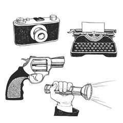 Vector hand-drawn set with the attributes of a detective. Collection of sketches of vintage items for the detective. Drawings of a camera, a revolver, a pocket flashlight and a typewriter. - 615258601