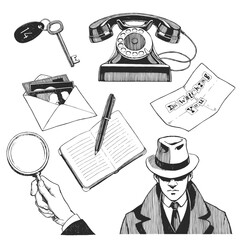 Vector hand-drawn set, with investigation details isolated on a white background. A sketch with a man in a hat and a collection of vintage attributes of the work of a private detective.