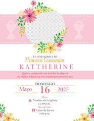 Invitación Primera Comunion para niña color rosa con flores, elegante y bonita.