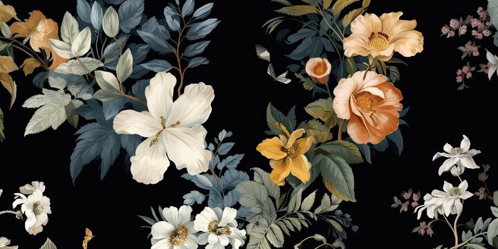 watercolor floral pattern that is black on blue Generative AI