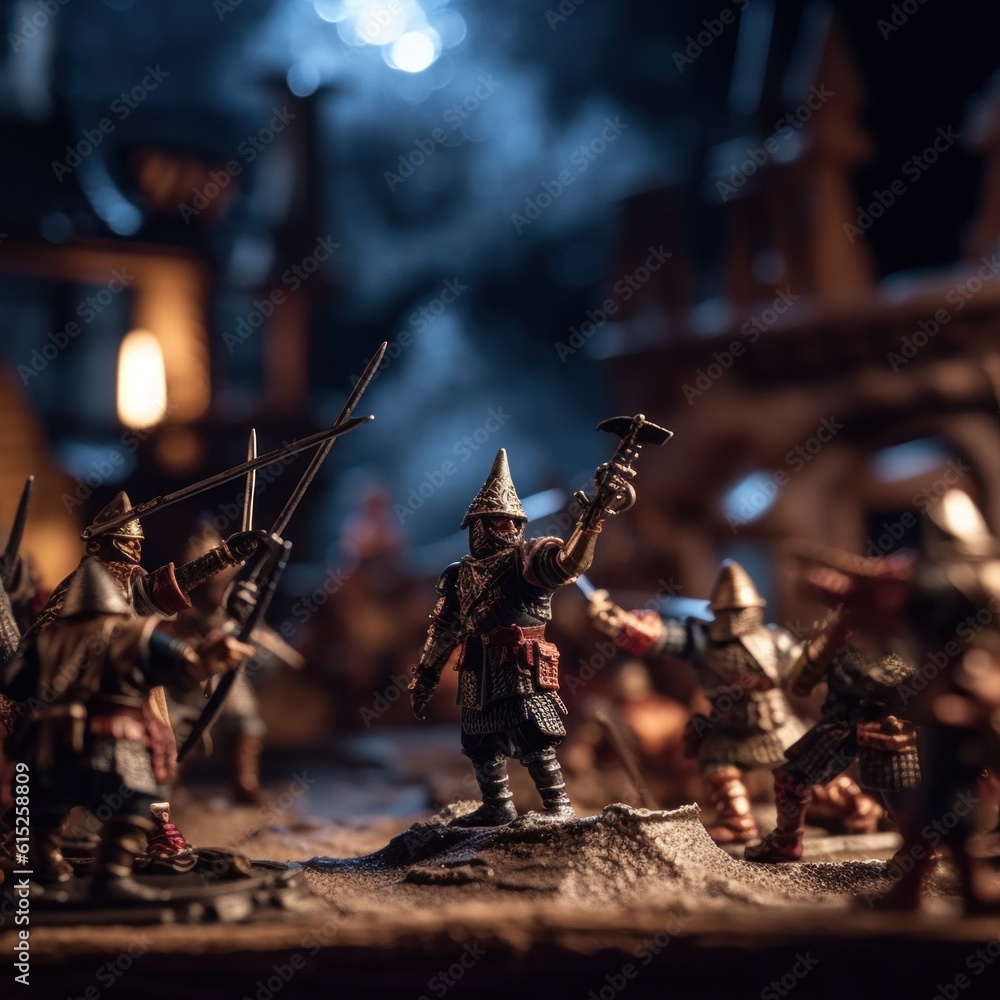 Poster a group of figurines of knights on a table. generative ai image.