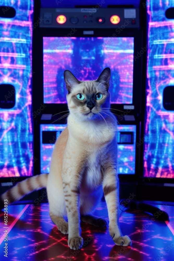 Poster a cat sitting on top of a table in front of a tv. generative ai image.