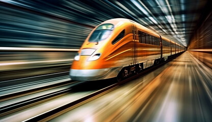 Fototapeta premium A super-fast train that is crossing over the railroad tracks. Based on Generative Ai.