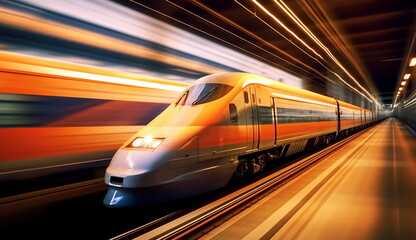 Obraz na płótnie Canvas A super-fast train that is crossing over the railroad tracks. Based on Generative Ai.